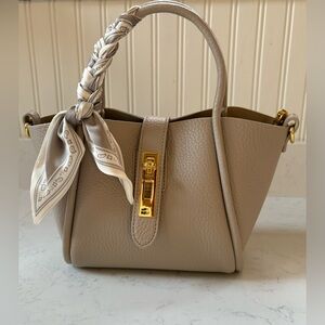 Elegant Taupe Mini Handbag with Scarf Accent